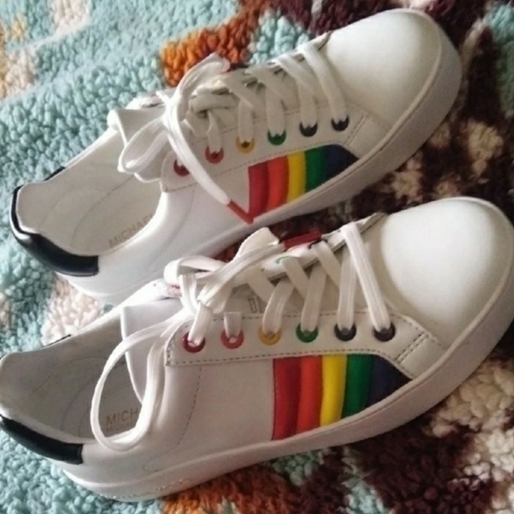 Michael Kors Poppy White Lace Up Rainbow Sneakers - Picture 3 of 4